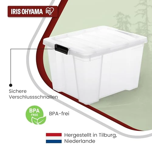 Iris Ohyama, Aufbewahrungsbox aus Kunststoff, 4er-Set, 30L - HB-30 - Transparent, L43 x T35 x H25.5 cm