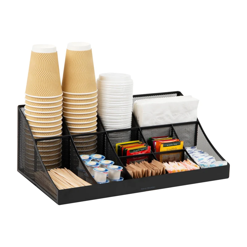 Mind Reader Network Collection, 11-Compartment Coffee Cup and Condiment Countertop Organizer, Metal Mesh, 17.875" L x 9.5" W x 6.625" H, Black