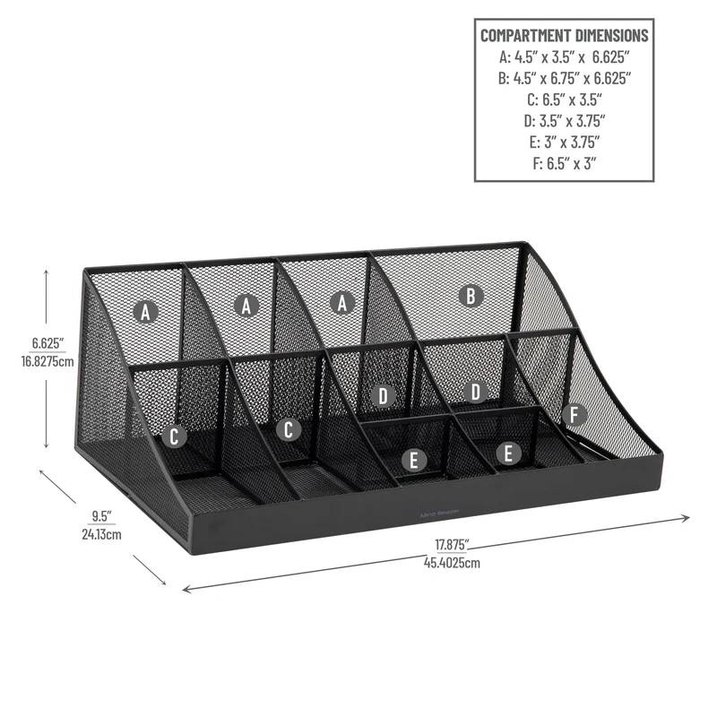 Mind Reader Network Collection, 11-Compartment Coffee Cup and Condiment Countertop Organizer, Metal Mesh, 17.875" L x 9.5" W x 6.625" H, Black