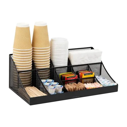 Mind Reader Network Collection, 11-Compartment Coffee Cup and Condiment Countertop Organizer, Metal Mesh, 17.875" L x 9.5" W x 6.625" H, Black