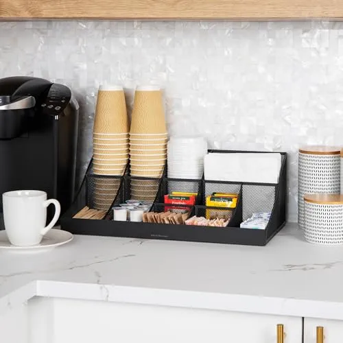 Mind Reader Network Collection, 11-Compartment Coffee Cup and Condiment Countertop Organizer, Metal Mesh, 17.875" L x 9.5" W x 6.625" H, Black