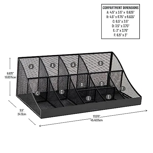 Mind Reader Network Collection, 11-Compartment Coffee Cup and Condiment Countertop Organizer, Metal Mesh, 17.875" L x 9.5" W x 6.625" H, Black