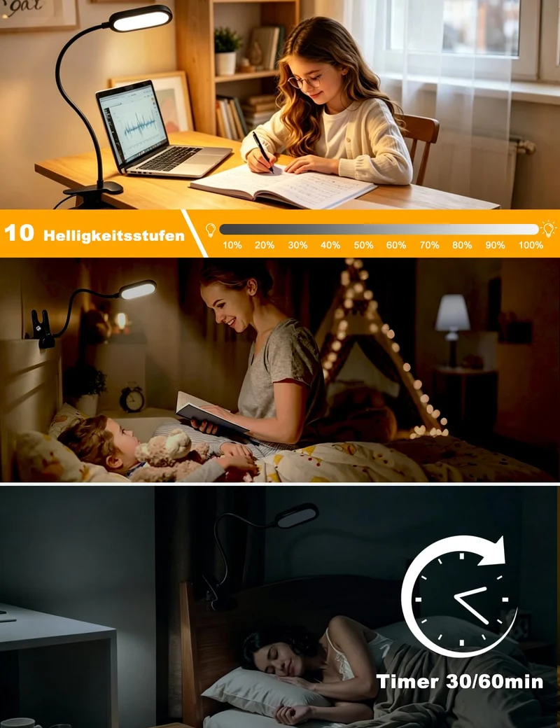LED Leselampe Bett Dimmbar 48 LEDs Klemmleuchte 5 Farbmodi & 10 Helligkeitsstufen Klemmlampe Timer & Speicherfunktion 40cm 360° Flexibel Schwanenhals, Buchlampe mit Adapter für Schreibtisch & Bett