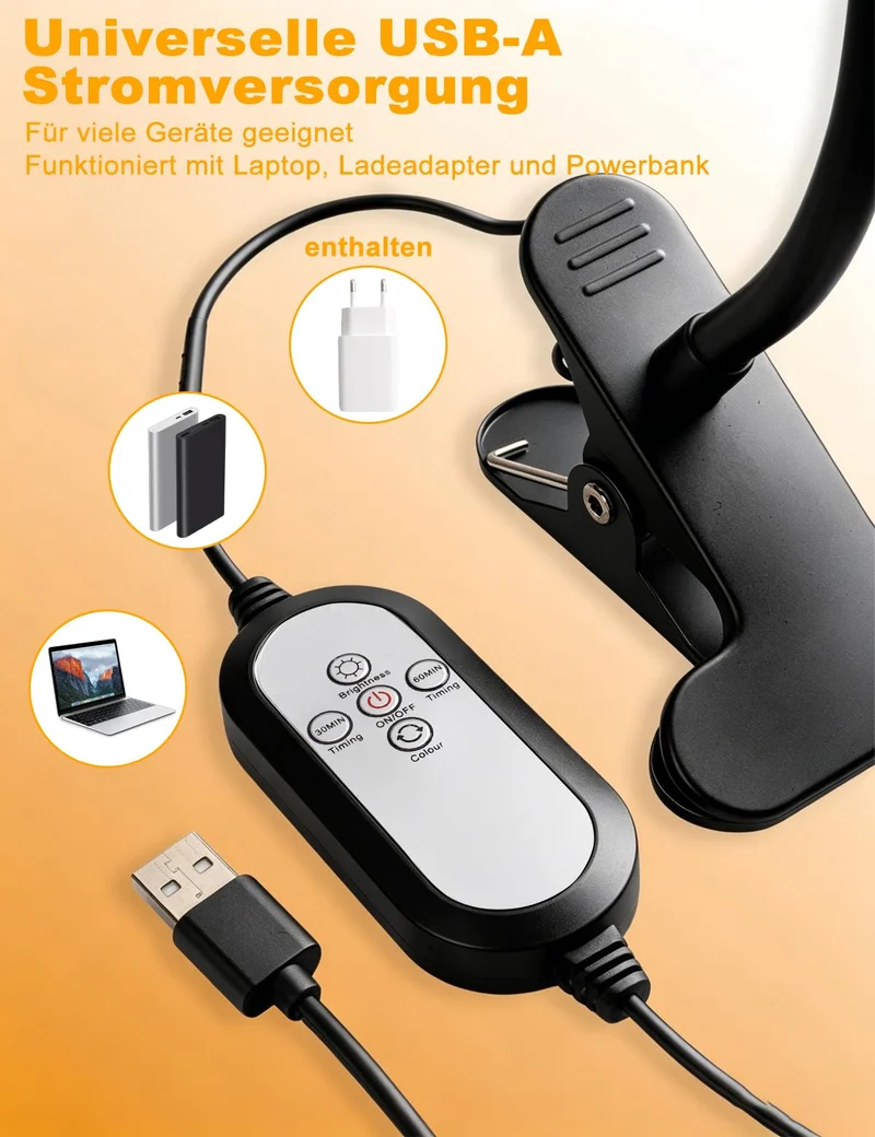 LED Leselampe Bett Dimmbar 48 LEDs Klemmleuchte 5 Farbmodi & 10 Helligkeitsstufen Klemmlampe Timer & Speicherfunktion 40cm 360° Flexibel Schwanenhals, Buchlampe mit Adapter für Schreibtisch & Bett