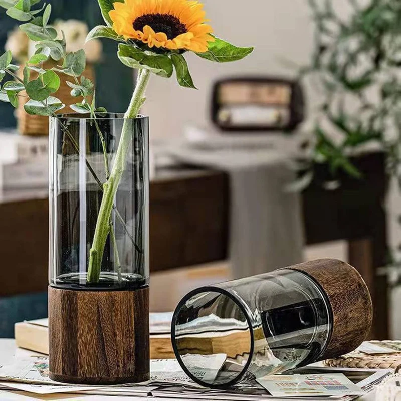 Glas Blumenvase Modern Zylinder Vase Handgefertigte kristallklare Glasvase mit Holzsockel Blumenblume Pflanzenbehälter für Home Office Dekor, Geschenk für Hochzeit Einweihungsparty feiern Höhe 31 cm