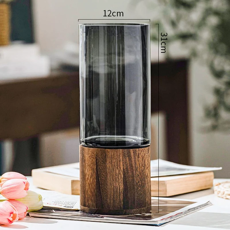 Glas Blumenvase Modern Zylinder Vase Handgefertigte kristallklare Glasvase mit Holzsockel Blumenblume Pflanzenbehälter für Home Office Dekor, Geschenk für Hochzeit Einweihungsparty feiern Höhe 31 cm