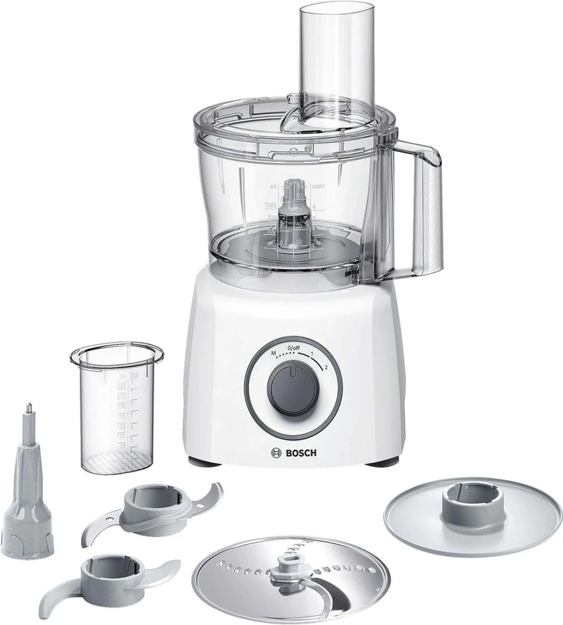 Bosch Kompakt-Küchenmaschine MultiTalent 3, 20 Funktionen, Rührschüssel 2,3 L, Universalmesser, Schneid-Raspel-Wendescheibe, Schlagscheibe (Sahne), Einfüllhilfe, Deckel, 800 W, weiß, MCM3100W