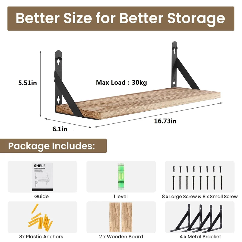 AGM Wandregal Holz, Regal Wand 2er Set, Dekorativ Regale für Wände, Tiefe 15cm, Länge 42.5cm Wandboard für Wohnzimmer, Schlafzimmer, Badezimmer, Küche, Büro