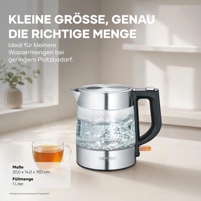 SEVERIN Glas Wasserkocher, 1,0L, leistungsstark und kompakt in hochwertigem Design, elektrischer Wasserkocher mit Kalkfilter, Edelstahl/schwarz, WK 3468
