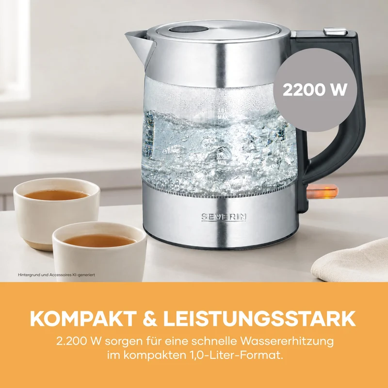 SEVERIN Glas Wasserkocher, 1,0L, leistungsstark und kompakt in hochwertigem Design, elektrischer Wasserkocher mit Kalkfilter, Edelstahl/schwarz, WK 3468