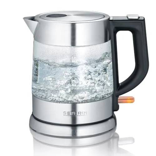 SEVERIN Glas Wasserkocher, 1,0L, leistungsstark und kompakt in hochwertigem Design, elektrischer Wasserkocher mit Kalkfilter, Edelstahl/schwarz, WK 3468