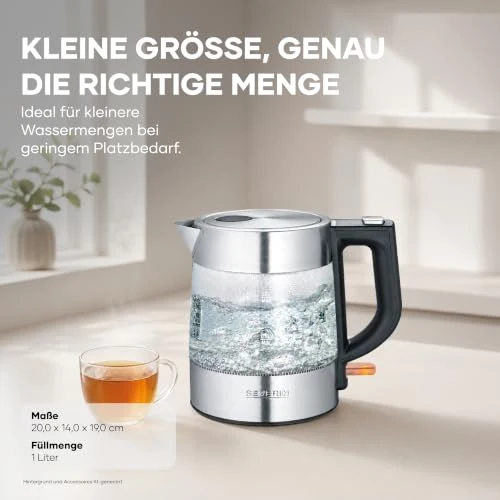 SEVERIN Glas Wasserkocher, 1,0L, leistungsstark und kompakt in hochwertigem Design, elektrischer Wasserkocher mit Kalkfilter, Edelstahl/schwarz, WK 3468