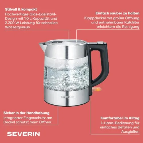 SEVERIN Glas Wasserkocher, 1,0L, leistungsstark und kompakt in hochwertigem Design, elektrischer Wasserkocher mit Kalkfilter, Edelstahl/schwarz, WK 3468