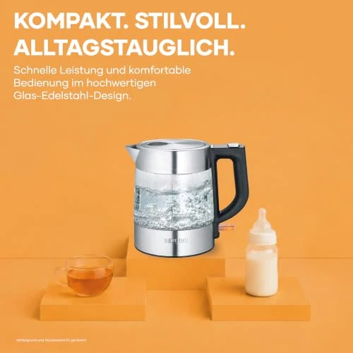 SEVERIN Glas Wasserkocher, 1,0L, leistungsstark und kompakt in hochwertigem Design, elektrischer Wasserkocher mit Kalkfilter, Edelstahl/schwarz, WK 3468