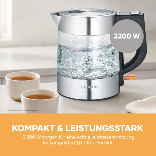 SEVERIN Glas Wasserkocher, 1,0L, leistungsstark und kompakt in hochwertigem Design, elektrischer Wasserkocher mit Kalkfilter, Edelstahl/schwarz, WK 3468