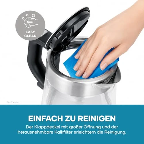 SEVERIN Glas Wasserkocher, 1,0L, leistungsstark und kompakt in hochwertigem Design, elektrischer Wasserkocher mit Kalkfilter, Edelstahl/schwarz, WK 3468