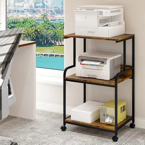Huhote 3-stöckiger Druckerständer, Druckertisch mit Rollen, Metall Druckerwagen, Druckerregal für Büro, Zuhause, Schule und Arbeitszimmer, Druckerschrank für Fax, Kopierer, Scanner (Holzfarbe)