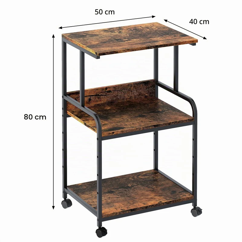 Huhote 3-stöckiger Druckerständer, Druckertisch mit Rollen, Metall Druckerwagen, Druckerregal für Büro, Zuhause, Schule und Arbeitszimmer, Druckerschrank für Fax, Kopierer, Scanner (Holzfarbe)