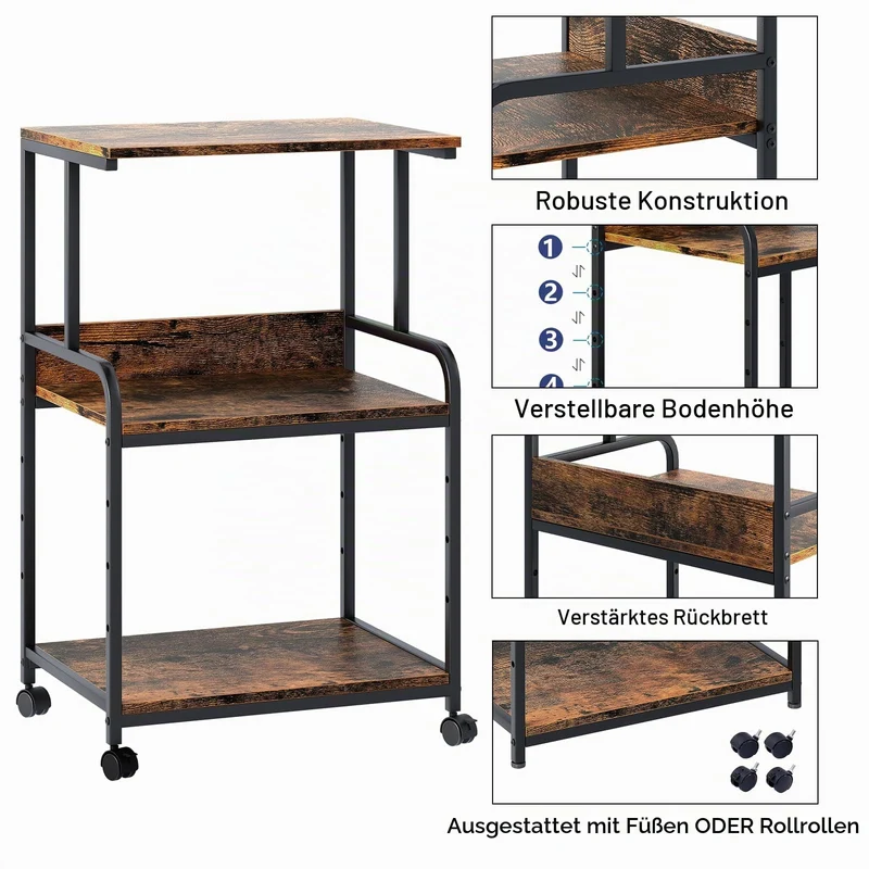 Huhote 3-stöckiger Druckerständer, Druckertisch mit Rollen, Metall Druckerwagen, Druckerregal für Büro, Zuhause, Schule und Arbeitszimmer, Druckerschrank für Fax, Kopierer, Scanner (Holzfarbe)