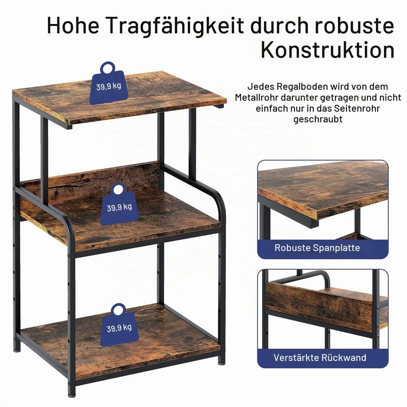 Huhote 3-stöckiger Druckerständer, Druckertisch mit Rollen, Metall Druckerwagen, Druckerregal für Büro, Zuhause, Schule und Arbeitszimmer, Druckerschrank für Fax, Kopierer, Scanner (Holzfarbe)