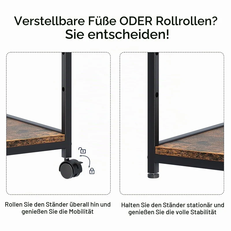 Huhote 3-stöckiger Druckerständer, Druckertisch mit Rollen, Metall Druckerwagen, Druckerregal für Büro, Zuhause, Schule und Arbeitszimmer, Druckerschrank für Fax, Kopierer, Scanner (Holzfarbe)