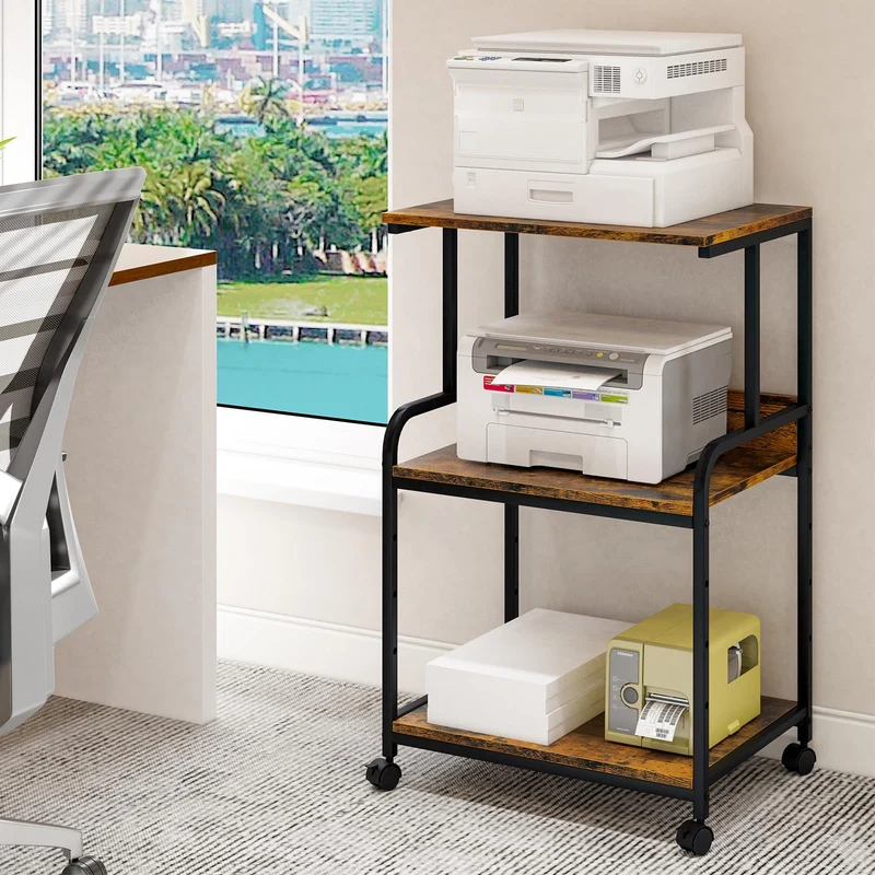 Huhote 3-stöckiger Druckerständer, Druckertisch mit Rollen, Metall Druckerwagen, Druckerregal für Büro, Zuhause, Schule und Arbeitszimmer, Druckerschrank für Fax, Kopierer, Scanner (Holzfarbe)