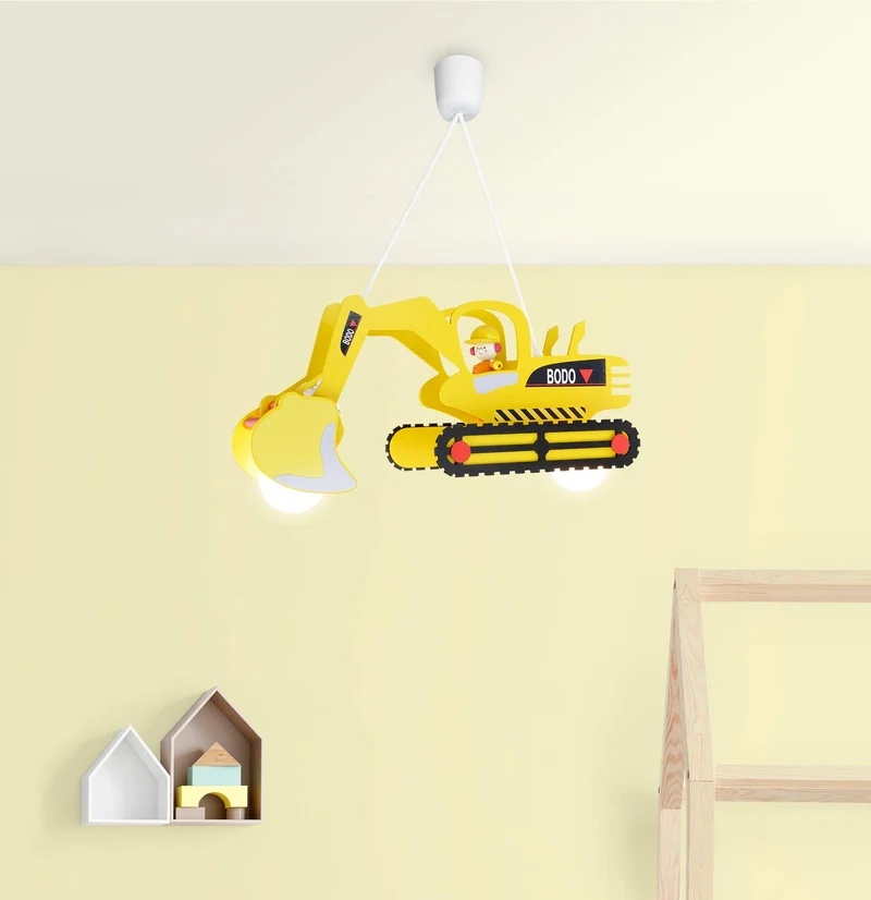 Elobra Hängelampe Kinderzimmer 'Bagger' | Hochwertige Kinderzimmerlampe für Jungen, Bagger Lampe, Pendelleuchte, 60 x 25 x 25 cm, Handarbeit, Gelb