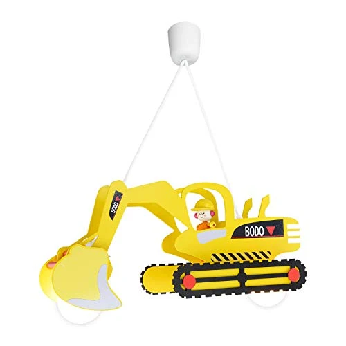 Elobra Hängelampe Kinderzimmer 'Bagger' | Hochwertige Kinderzimmerlampe für Jungen, Bagger Lampe, Pendelleuchte, 60 x 25 x 25 cm, Handarbeit, Gelb