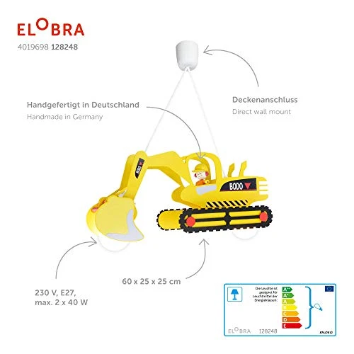 Elobra Hängelampe Kinderzimmer 'Bagger' | Hochwertige Kinderzimmerlampe für Jungen, Bagger Lampe, Pendelleuchte, 60 x 25 x 25 cm, Handarbeit, Gelb