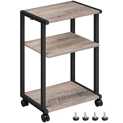 HOOBRO Druckertisch, 3-stöckiger Druckerständer mit Rollen, Höhenverstellbar Druckerwagen, mit 3 Ablagen und 2 Haken, 42 x 28 x 64 cm, für Büro, Fax, Kopierer, Scanner EBG28PS01N1
