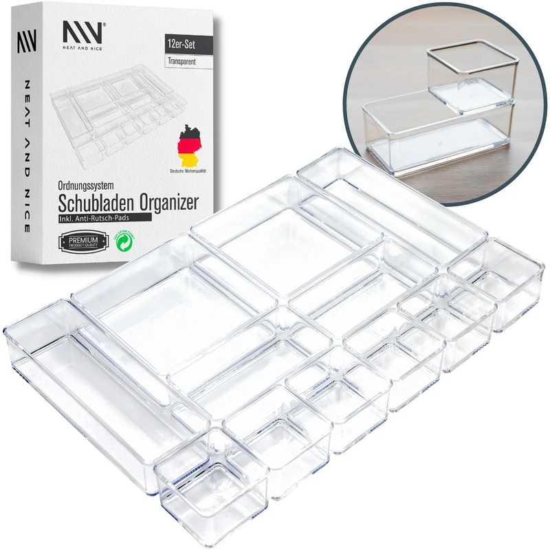 12 teilig transparent Schubladen Organizer inkl. Antirutsch-Pads in 4 versch. Größen | Schubladen Ordnungssystem für Büro Bad Küche | Make Up Organizer für Schminktisch
