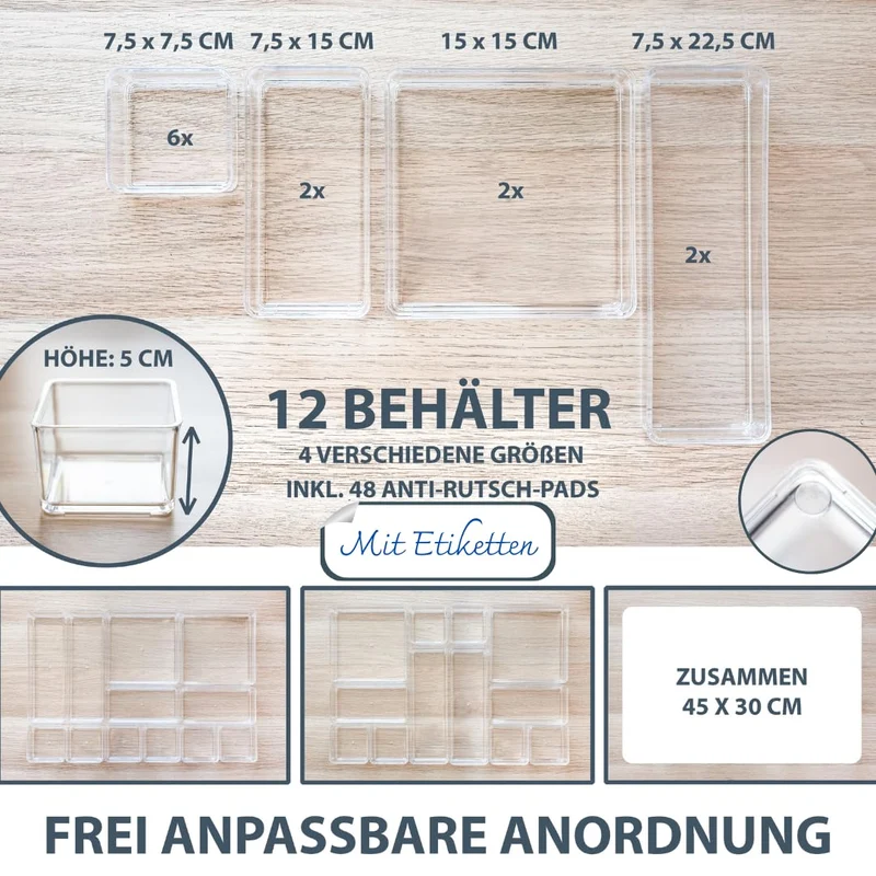 12 teilig transparent Schubladen Organizer inkl. Antirutsch-Pads in 4 versch. Größen | Schubladen Ordnungssystem für Büro Bad Küche | Make Up Organizer für Schminktisch