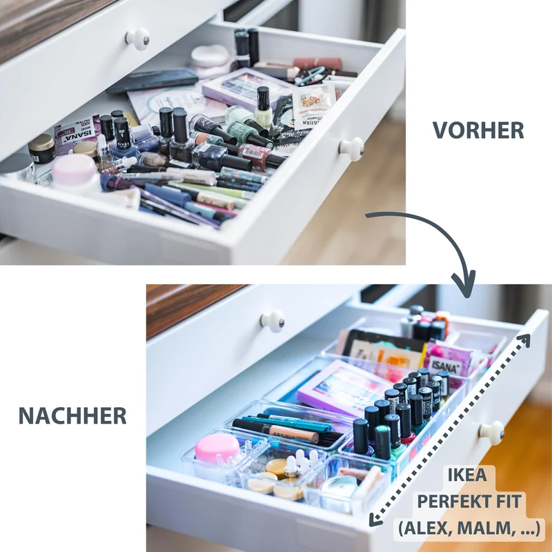12 teilig transparent Schubladen Organizer inkl. Antirutsch-Pads in 4 versch. Größen | Schubladen Ordnungssystem für Büro Bad Küche | Make Up Organizer für Schminktisch