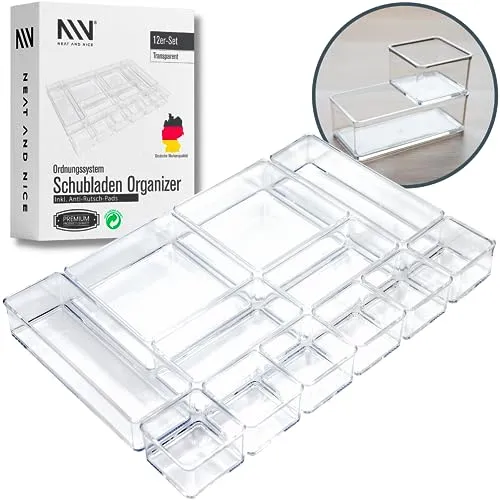 12 teilig transparent Schubladen Organizer inkl. Antirutsch-Pads in 4 versch. Größen | Schubladen Ordnungssystem für Büro Bad Küche | Make Up Organizer für Schminktisch