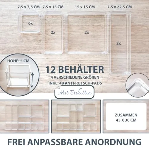 12 teilig transparent Schubladen Organizer inkl. Antirutsch-Pads in 4 versch. Größen | Schubladen Ordnungssystem für Büro Bad Küche | Make Up Organizer für Schminktisch