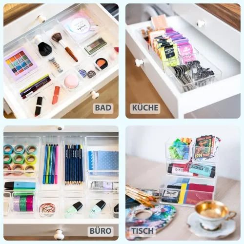 12 teilig transparent Schubladen Organizer inkl. Antirutsch-Pads in 4 versch. Größen | Schubladen Ordnungssystem für Büro Bad Küche | Make Up Organizer für Schminktisch