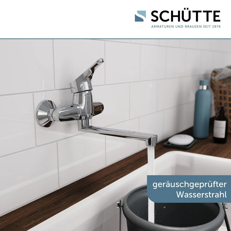 SCHÜTTE 22600 ATTICA Wandwasserhahn Chrom, Wand-Spültischarmatur 360°, ideal für Doppelspülbecken, Wasserhahn Wandmontage, Wandarmatur für Küche/Ausgussbecken, Mischbatterie für Wandmontage