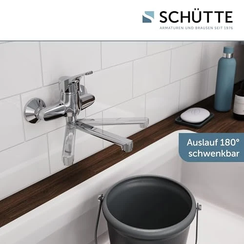 SCHÜTTE 22600 ATTICA Wandwasserhahn Chrom, Wand-Spültischarmatur 360°, ideal für Doppelspülbecken, Wasserhahn Wandmontage, Wandarmatur für Küche/Ausgussbecken, Mischbatterie für Wandmontage