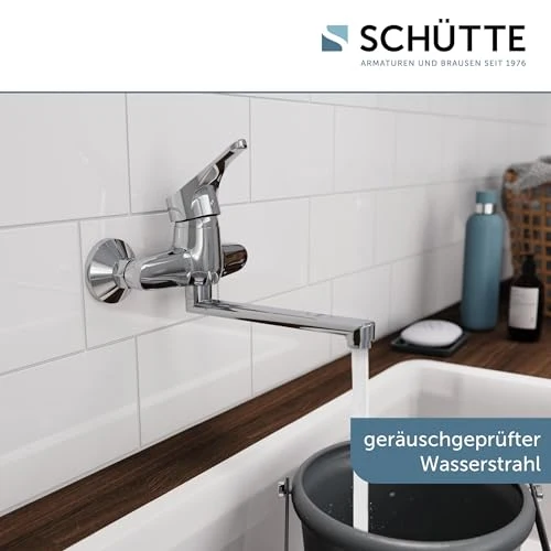 SCHÜTTE 22600 ATTICA Wandwasserhahn Chrom, Wand-Spültischarmatur 360°, ideal für Doppelspülbecken, Wasserhahn Wandmontage, Wandarmatur für Küche/Ausgussbecken, Mischbatterie für Wandmontage