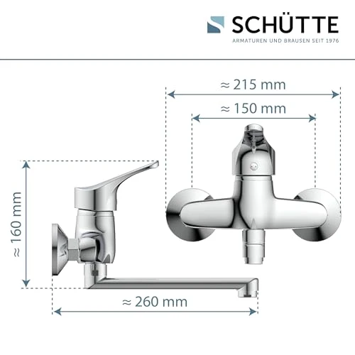 SCHÜTTE 22600 ATTICA Wandwasserhahn Chrom, Wand-Spültischarmatur 360°, ideal für Doppelspülbecken, Wasserhahn Wandmontage, Wandarmatur für Küche/Ausgussbecken, Mischbatterie für Wandmontage