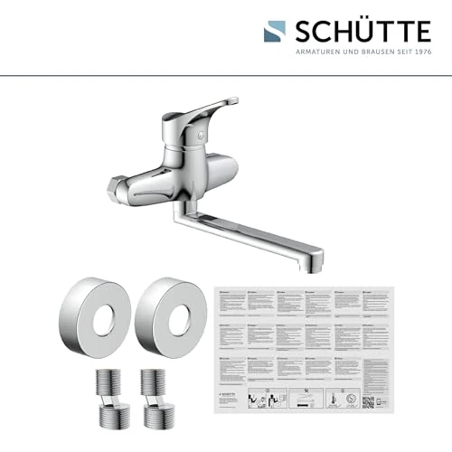 SCHÜTTE 22600 ATTICA Wandwasserhahn Chrom, Wand-Spültischarmatur 360°, ideal für Doppelspülbecken, Wasserhahn Wandmontage, Wandarmatur für Küche/Ausgussbecken, Mischbatterie für Wandmontage