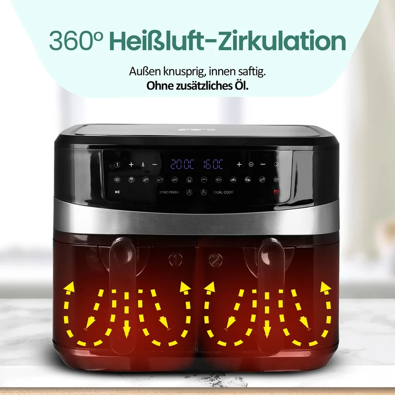 EMERIO digitale 10L DOPPEL Heißluftfritteuse AirFryer Frittieren mit heißer Luft ohne Öl möglich 2x5L Volumen 12 Programme BPA frei SMART FINISH Funktion (beide gleichzeitig fertig) AF-126672.4