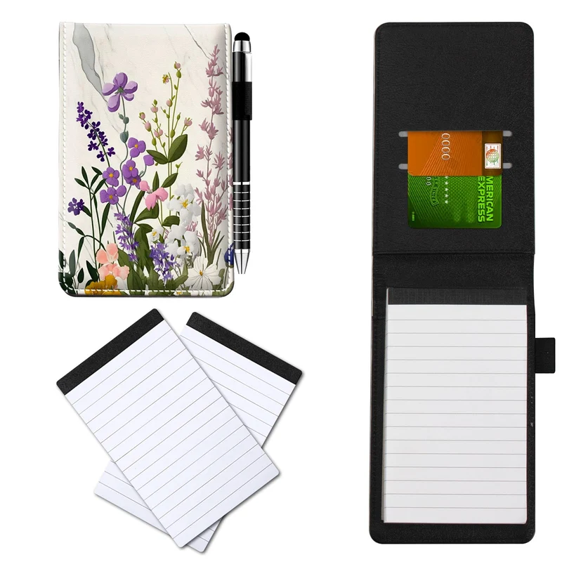 Notizbuch aus PU-Leder, klein, mit Metall-Kugelschreiber und 2 Stück, 7,6 x 12,7 cm, Notizblöcke, Marmor-Blumenmuster, Notizbücher für Meetings, tägliche Aufzeichnungen, Notizen