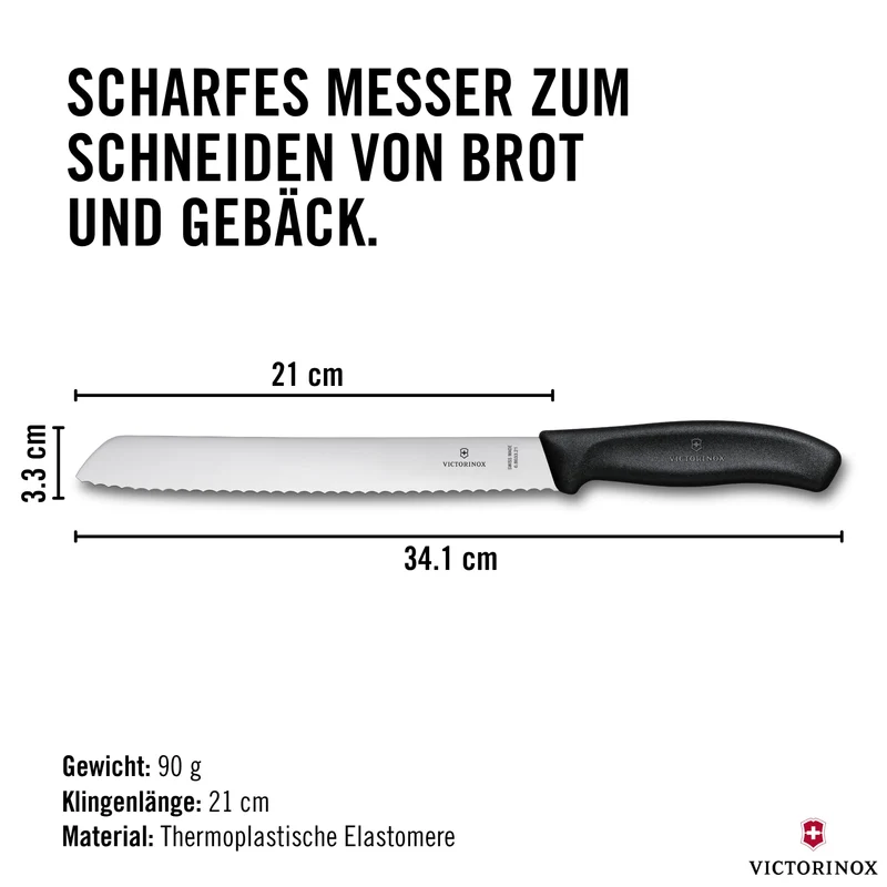Victorinox Swiss Classic, Profi Brotmesser, Extra Scharfe Klinge, Wellenschliff, 21 cm, Robuster Kunststoffgriff, Rostfreier Stahl, schwarz