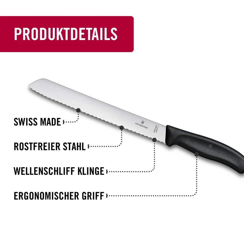 Victorinox Swiss Classic, Profi Brotmesser, Extra Scharfe Klinge, Wellenschliff, 21 cm, Robuster Kunststoffgriff, Rostfreier Stahl, schwarz