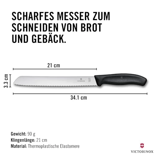 Victorinox Swiss Classic, Profi Brotmesser, Extra Scharfe Klinge, Wellenschliff, 21 cm, Robuster Kunststoffgriff, Rostfreier Stahl, schwarz
