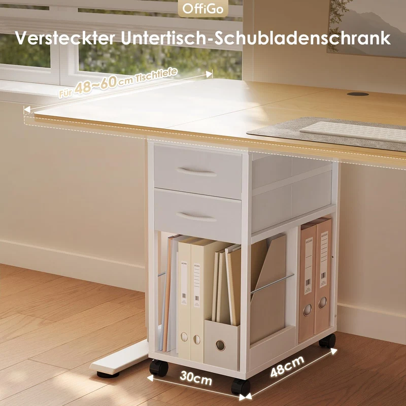 OffiGo Rollcontainer Schreibtisch mit Rollen und 2 Schubladen，Weiß
