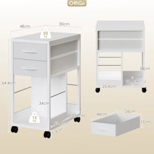 OffiGo Rollcontainer Schreibtisch mit Rollen und 2 Schubladen，Weiß