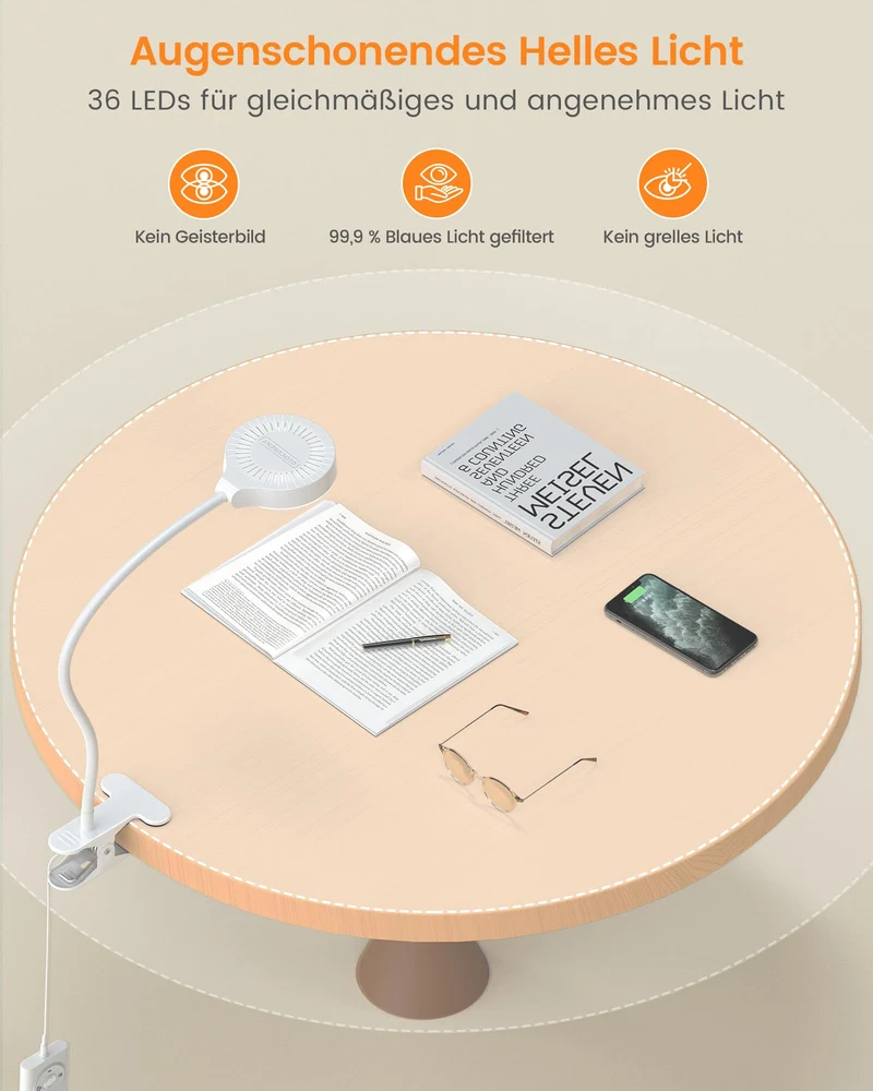 Glocusent 5W Leselampe Bett, 36 LED Augenschonende Klemmlampe Bett