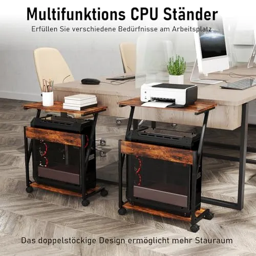 Computer Tower Ständer, Höhenverstellbarer CPU Stand, CPU Halter PC Regal mit Rollen, Druckerständer unter Schreibtisch, 2 Schicht Computer Ständer Drucker Cart